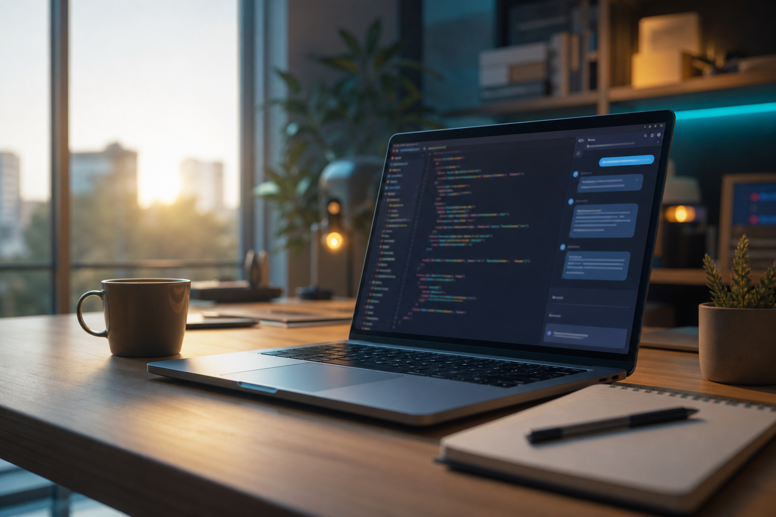 朝の光が入る作業机と、コードエディタが開いたノートPC